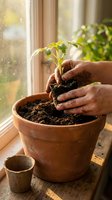 Hands gently protecting young green seedling in terracotta pot by sunny window. Nurturing plant growth, gardening care, environmental protection concept.