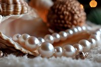 White pearl necklace on seashell with pine cone and bokeh lights in background, creating luxurious holiday atmosphere against soft snowy texture.