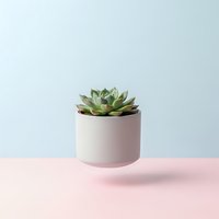 Small green succulent plant in modern pink ceramic pot on pastel background for home decor and interior design projects.