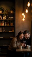 Happy young couple sharing smartphone while enjoying coffee together in cozy cafe with warm Edison bulb lighting and industrial decor atmosphere.