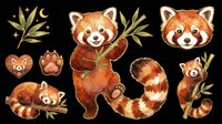Watercolor red panda sticker set isolated on transparent background, featuring cute poses, bamboo, paw print, and heart, ready for t-shirts, clipart, and print on demand.