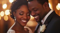 African American newlyweds share intimate moment at wedding reception, with warm bokeh lights creating romantic atmosphere. Bride in lace dress and groom in tuxedo smile genuinely.