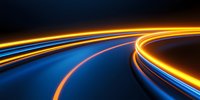 Glowing curved light trails against dark background create dynamic motion effect with vibrant orange and blue streaks, suggesting speed and technology advancement.