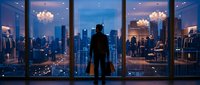Silhouette of male professional standing at floor-to-ceiling windows overlooking illuminated city skyline at dusk, urban office interior with chandelier and modern furnishings, corporate success and ambition concept.