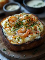 Grilled sourdough toast topped with creamy melted mozzarella, succulent garlic shrimp, fresh herbs, and red pepper flakes, served on rustic wooden board.