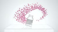 Pink pills spilling from glass medicine bottle creating curved pattern on white background for pharmaceutical and healthcare concepts.