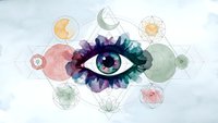 Mystical eye with colorful geometric sacred geometry symbols and watercolor elements on textured background for spiritual design projects.