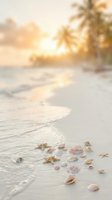 Tropical beach at golden hour with seashells and starfish scattered on white sand as gentle waves wash ashore under palm trees for vacation and summer concepts.