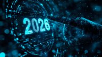 Futuristic digital background with glowing blue number 2026 and technological elements in dark space with particles and circular patterns. Great for tech designs.