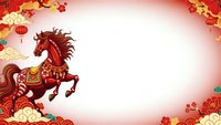 Red ornate horse with golden decorations galloping through clouds and lanterns on gradient background for Chinese New Year celebrations and festive designs.