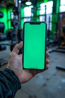 Smartphone with bright green screen mockup held in hand at gym with fitness equipment and neon lights in background, ready for app presentation.