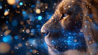 Profile view against dark background with glowing blue particles and bokeh lights creating magical atmospheric effect. Illuminated skin texture in warm golden tones.