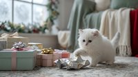 White fluffy kitten surrounded by wrapped gift boxes and holiday decorations in cozy home interior setting for seasonal celebrations.