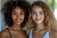 Two young diverse women friends smiling together indoors with natural lighting for friendship and lifestyle concepts.