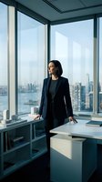 Professional woman in dark blazer standing at modern office desk with cityscape view through floor-to-ceiling windows, suitable for corporate, business leadership, and workplace concepts.