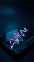 Neon heartbeat waveform glowing in pink and cyan on digital tablet screen with grid pattern, representing health monitoring, medical technology, and vital signs data visualization.