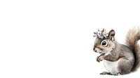 Gray squirrel wearing floral crown on white background, side view of woodland animal with decorative spring flowers, isolated design element for nature themes.