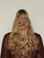 Back view of long wavy blonde hair on woman wearing brown leather jacket against neutral background, showcasing natural hair texture and styling.