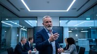Senior businessman presenting ideas during corporate meeting in modern glass conference room with colleagues discussing strategy in background.