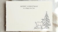 Merry Christmas and a Happy New Year greeting card with minimalist line drawing of reindeer and evergreen tree on cream background.