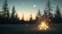 Magical campfire with glowing sparks rising into twilight sky surrounded by pine forest silhouettes creating enchanting outdoor adventure atmosphere.