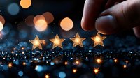 Hand placing golden star, customer experience concept on dark background with glowing bokeh lights and sparkles. Rating and feedback excellence.