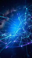 Abstract digital network with glowing blue connections and geometric lines on dark background for technology and data visualization concepts.