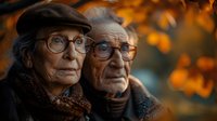 Elderly couple in warm autumn setting wearing glasses and cozy scarves against blurred orange fall foliage background, conveying wisdom and togetherness in golden years.