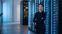 Female IT professional with arms crossed standing confidently in modern data center server room with illuminated equipment racks, suitable for technology, business and corporate communications.