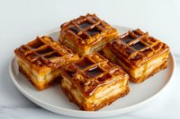 Homemade caramel custard slice with flaky puff pastry layers and vanilla cream filling on white plate against marble background. Delicious French pastry dessert.