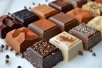 Assorted gourmet chocolate bonbons and pralines with different toppings and fillings arranged in rows on white surface, macro food photography.