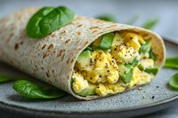 Fresh breakfast wrap filled with scrambled eggs, avocado slices, and baby spinach leaves on gray plate, garnished with black pepper and herbs.