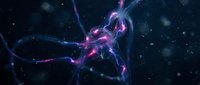 Glowing neural network with electric purple and blue synapses firing in dark space. Scientific visualization of brain connections and neurotransmission activity.