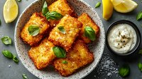 Crispy breaded fish fillets garnished with fresh basil leaves, served on ceramic plate with tartar sauce, lemon wedges and black pepper. Classic comfort food.