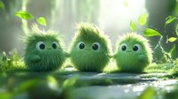 Adorable green fluffy creatures with big eyes sitting in row on mossy surface amid magical forest atmosphere with sunbeams and fresh spring foliage.