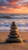 Balanced stone cairn on beach sand at sunset with dramatic orange sky and ocean waves creating peaceful meditation and wellness atmosphere.