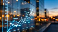 Financial growth chart with upward trending arrow displayed on transparent screen against blurred city skyline at dusk for business analytics presentations.