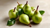 Fresh green pears with water droplets and green leaves arranged on neutral background, showcasing organic produce for healthy eating concept.