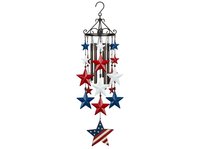 Patriotic star wind chime with red, white and blue hanging stars suspended from decorative metal cage. Ideal for holiday decor and seasonal celebrations.