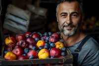 Mature Caucasian farmer with gray beard holding wooden crate full of fresh organic fruits including plums, peaches and blueberries, perfect for farm-to-table marketing.