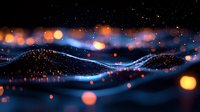 Abstract flowing blue waves with glowing orange bokeh lights against dark background create magical atmosphere of motion and light effects.