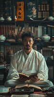 Young Asian man in traditional white kimono reading ancient books in atmospheric tea house setting with vintage pottery and calligraphy scrolls, perfect for cultural heritage and mindfulness concepts.