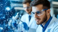 Bearded male scientist in protective eyewear examining test tubes in modern laboratory with digital network overlay. Research and innovation concept.