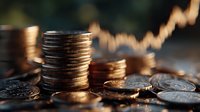 Stack of golden coins with upward trending financial chart in background representing investment growth and wealth accumulation for business success.