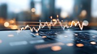 Financial market data visualization with glowing candlestick chart overlay on blurred urban cityscape background showing stock trading analysis and trends.