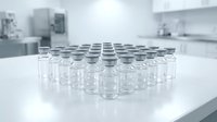 Rows of empty glass vials arranged on laboratory table in sterile pharmaceutical manufacturing facility for medical research and drug development.