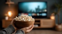 Cozy movie night at home with fresh popcorn in wooden bowl, warm lighting and television in background creating perfect entertainment atmosphere.