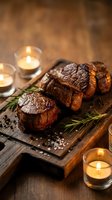 Grilled beef steak slices on wooden cutting board with rosemary herbs and candles creating romantic dinner atmosphere for fine dining restaurant menu.