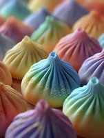 Colorful rainbow dumplings arranged in rows, showcasing vibrant gradient hues from blue to orange, pink to green, with delicate pleated tops.