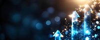 Glowing blue arrows rising upward with sparkles and bokeh effects on dark background, symbolizing growth, success and financial progress in business concept.